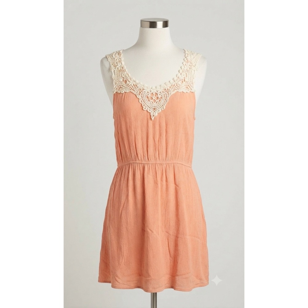 Forever 21 Coral Peach Crochet Lace Trim Boho Gauze‎ Mini Dress Small